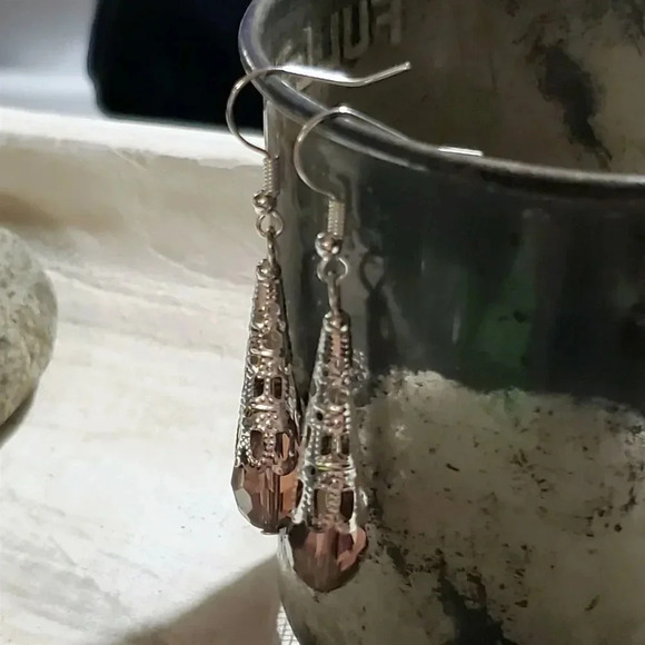 Handcrafted Caged Filigree Faceted Purple Crystal Silver Teardrop Earrings - Picture 2 of 8